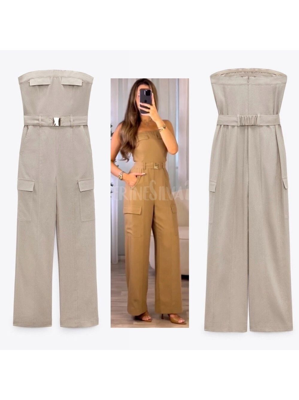 Zara tan brown strapless cargo wide leg jumpsuit Sz M